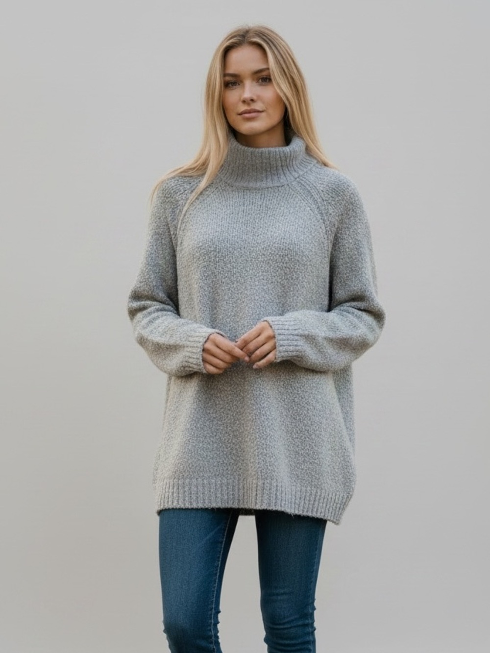 aerie Grey Boucle Textured Turtleneck Sweater